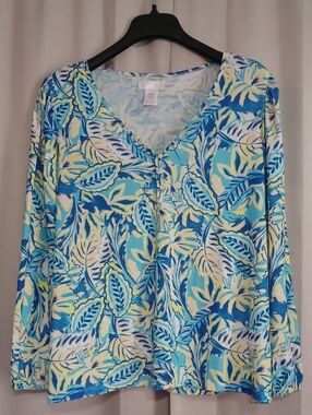 Stella Parker Tropical Leaf Peasant Top V-Neck Long Sleeve Gathered Cuffs Petite